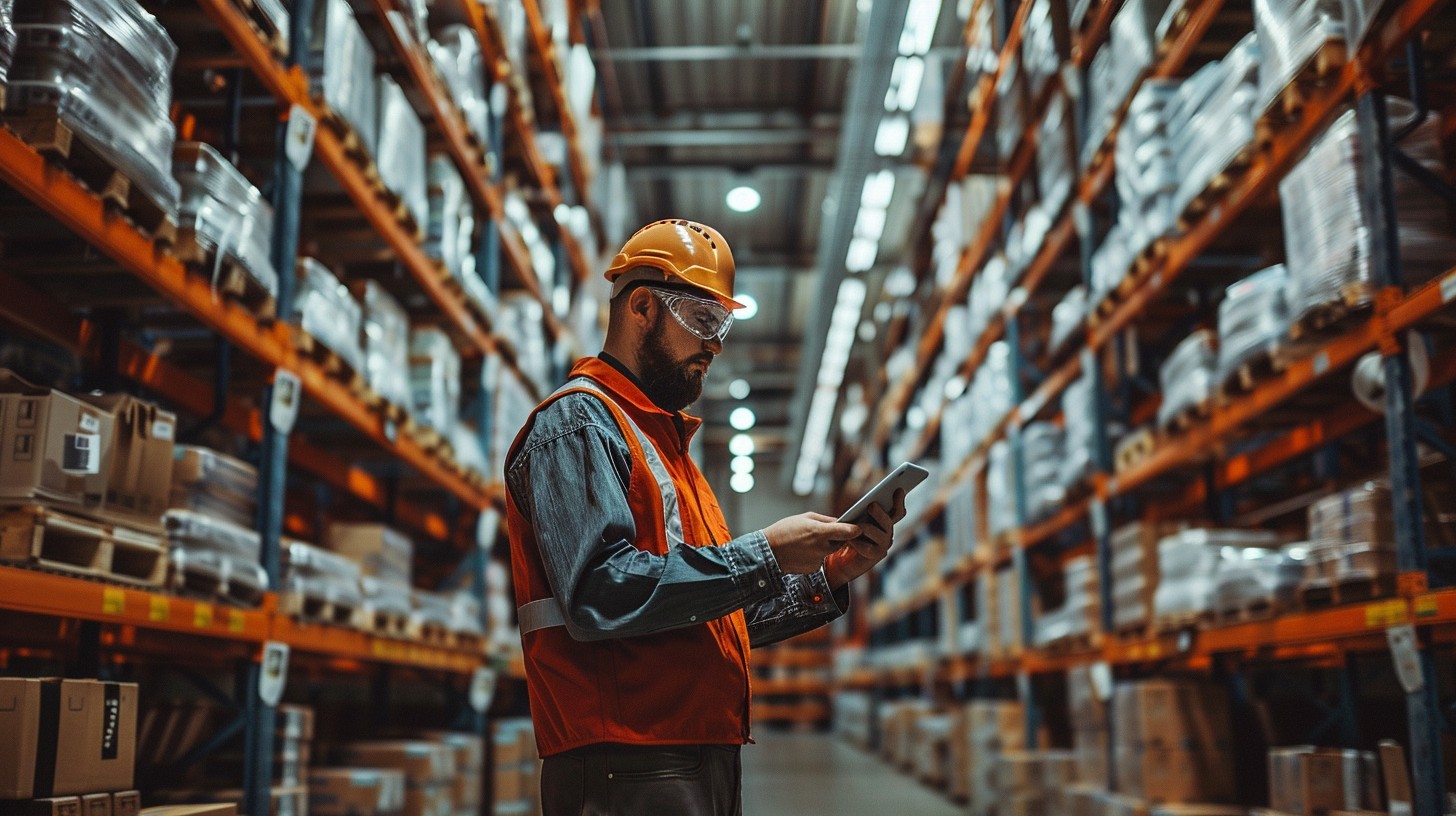 Worker in safety gear checking inventory with a digital tablet in a vast warehouse with towering shelves filled with neatly arranged products
